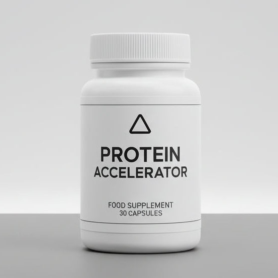 Bottle labeled 'Protein Accelerator' on a gray background